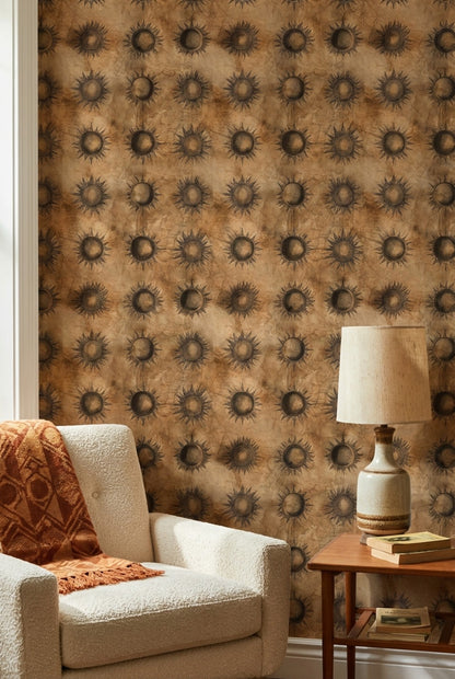 Güneş Motifli Duvar Kağıdı Kahverengi Vintage Desenli Salon