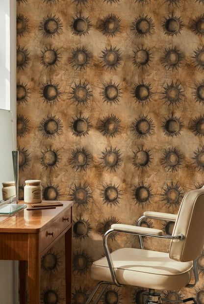 Güneş Motifli Duvar Kağıdı Kahverengi Vintage Desenli Salon