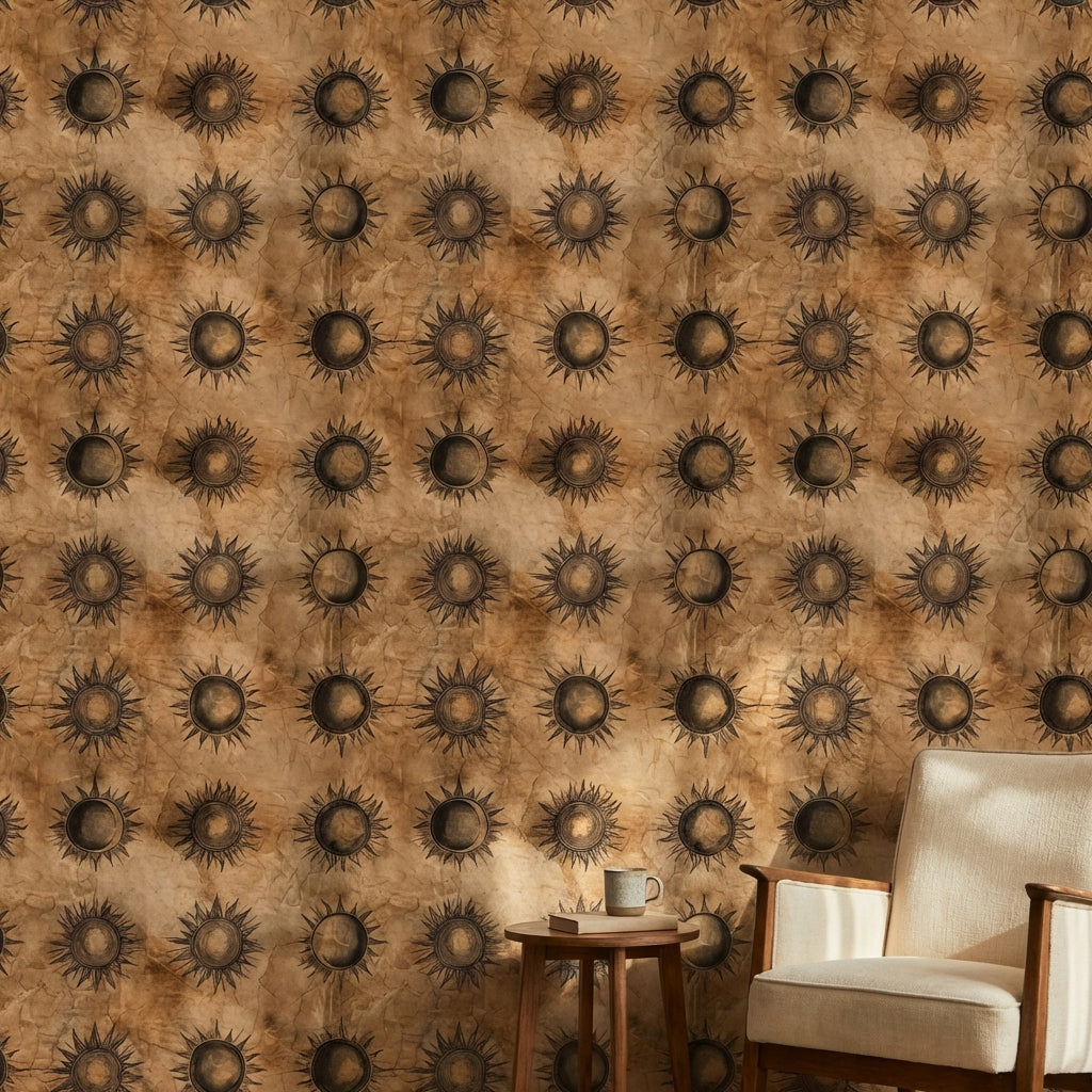 Güneş Motifli Duvar Kağıdı Kahverengi Vintage Desenli Salon