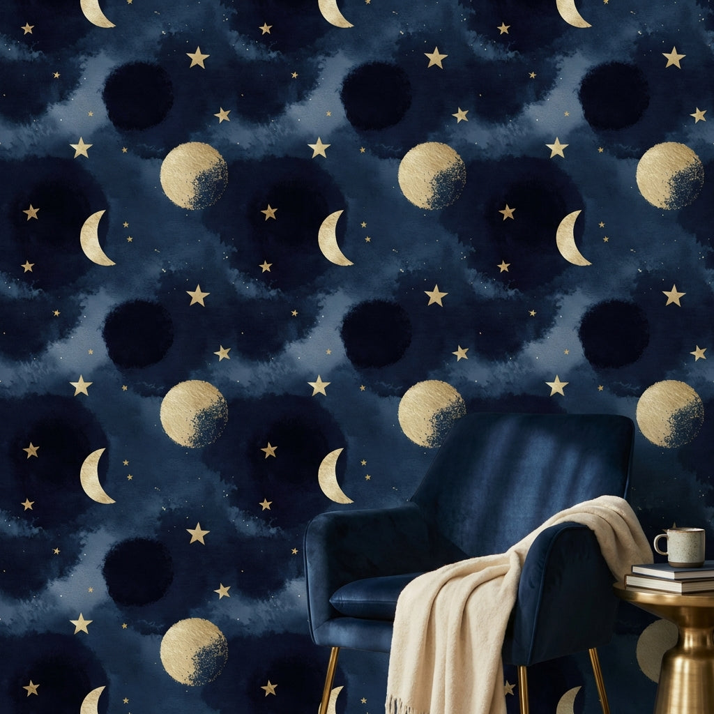Ay Yıldız Temalı Duvar Kağıdı Lacivert Gece Gökyüzü Desenli