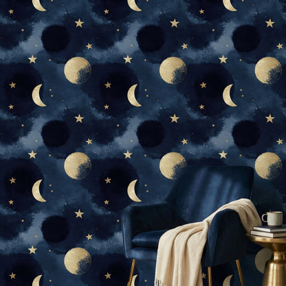 Ay Yıldız Temalı Duvar Kağıdı Lacivert Gece Gökyüzü Desenli