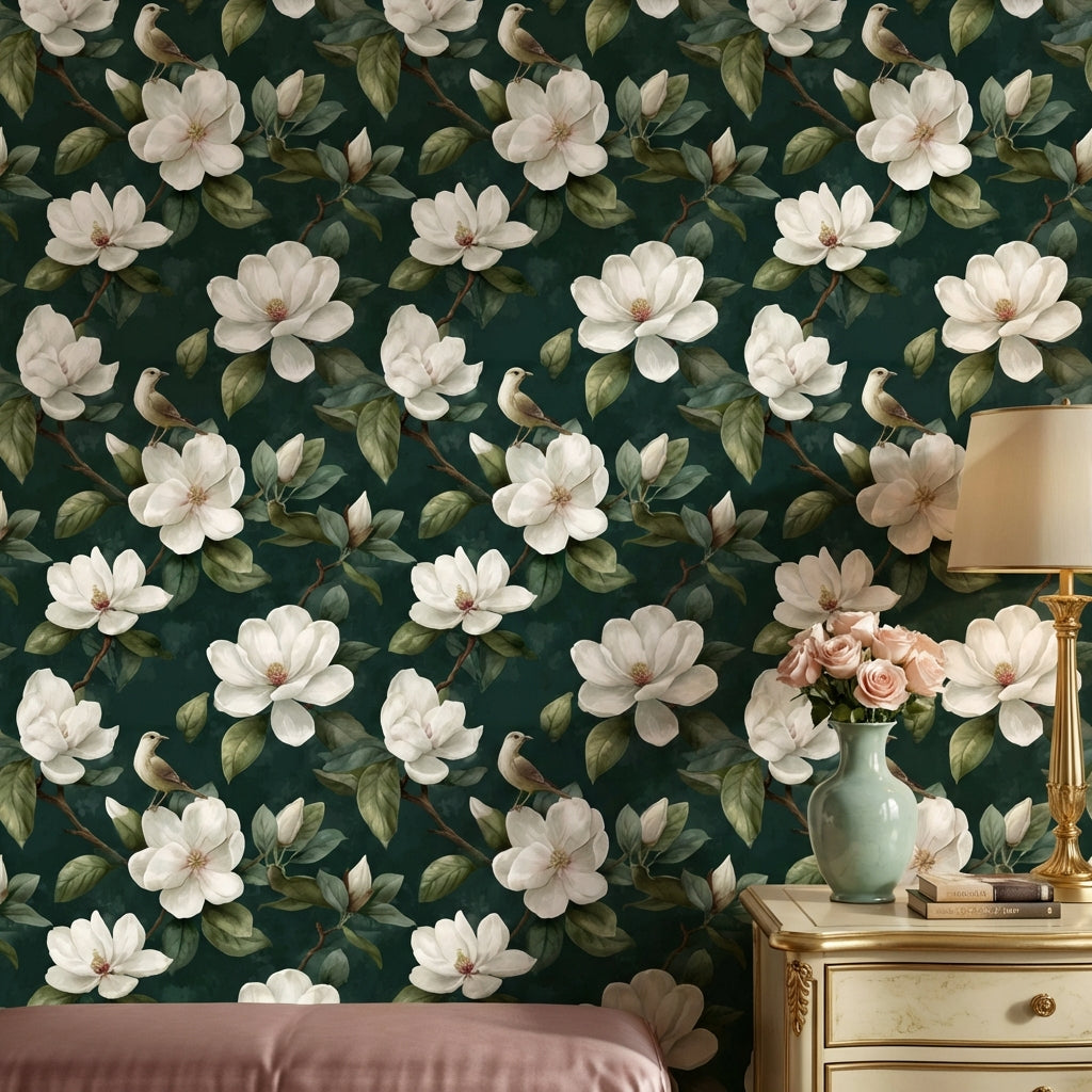 Kuşlu Manolya Çiçekli Duvar Kağıdı Koyu Yeşil Salon