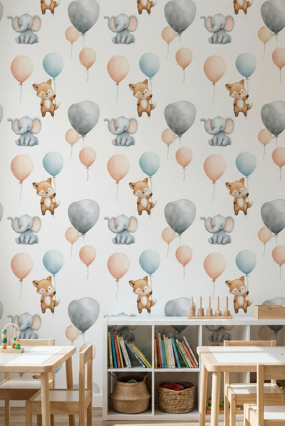 Balonlu Sevimli Hayvanlı Duvar Kağıdı Bebek Odası Pastel