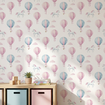 Uçan Balon ve Unicorn Desenli Duvar Kağıdı Pastel