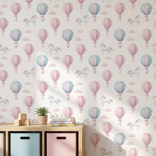 Uçan Balon ve Unicorn Desenli Duvar Kağıdı Pastel
