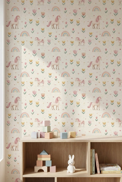Gökkuşağı Unicorn Desenli Duvar Kağıdı Pastel Çocuk Odası