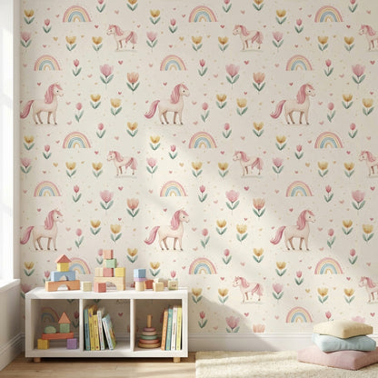 Gökkuşağı Unicorn Desenli Duvar Kağıdı Pastel Çocuk Odası