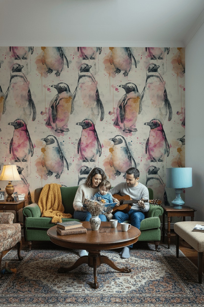 Suluboya Penguen Desenli Duvar Kağıdı Pembe Çocuk Odası