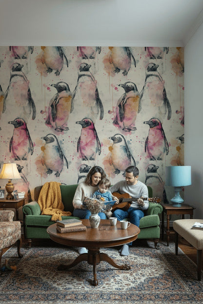 Suluboya Penguen Desenli Duvar Kağıdı Pembe Çocuk Odası