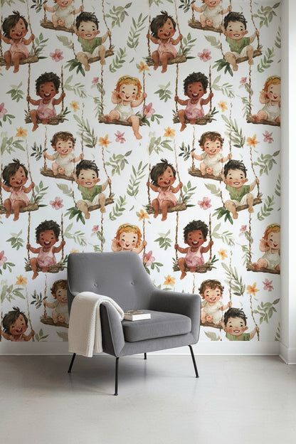 Sallanan Bebek Desenli Duvar Kağıdı Yeşil Çiçekli Çocuk Odası