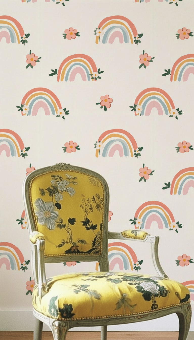 Pastel Gökkuşağı Duvar Kağıdı Çiçekli Çocuk Odası Deseni