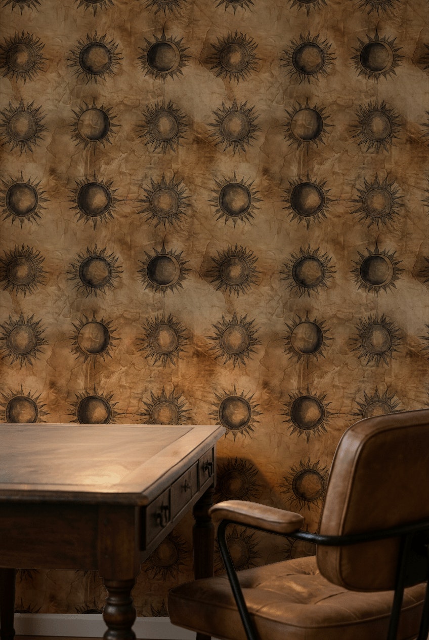 Güneş Motifli Duvar Kağıdı Kahverengi Vintage Desenli Salon