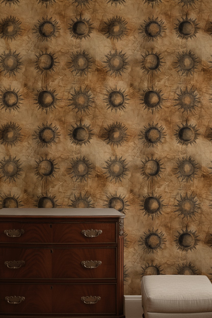 Güneş Motifli Duvar Kağıdı Kahverengi Vintage Desenli Salon