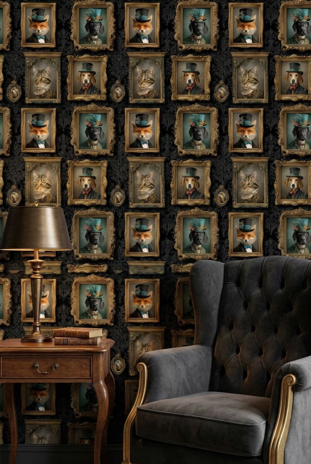 Vintage Hayvan Portreli Duvar Kağıdı Siyah Klasik Salon