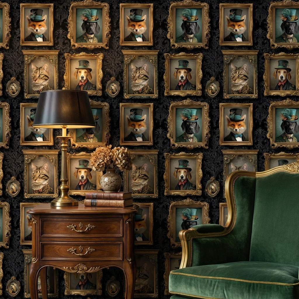 Vintage Hayvan Portreli Duvar Kağıdı Siyah Klasik Salon