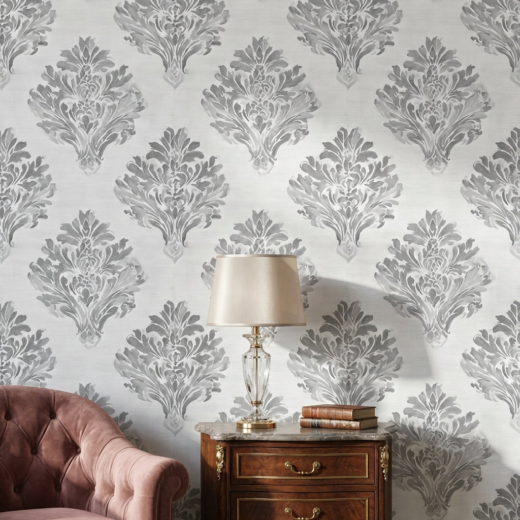 Klasik Damask Duvar Kağıdı Gri Krem Desenli Banyo