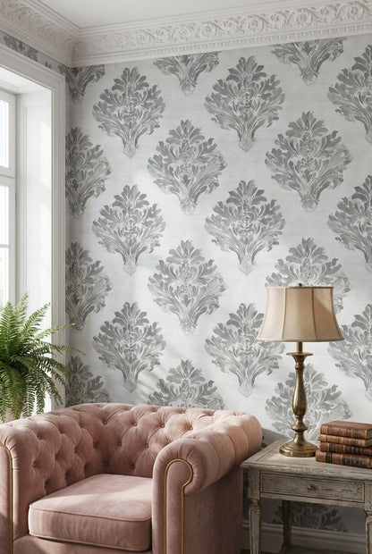 Klasik Damask Duvar Kağıdı Gri Krem Desenli Banyo