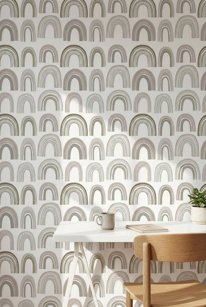 Boho Gökkuşağı Desenli Duvar Kağıdı Bej Gri Modern