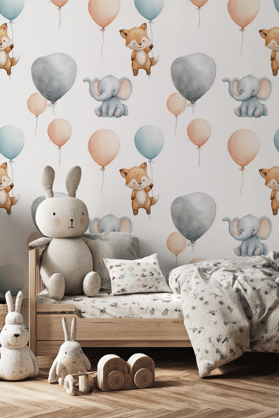 Balonlu Sevimli Hayvanlı Duvar Kağıdı Bebek Odası Pastel
