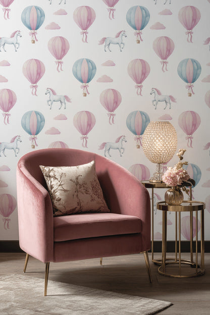 Uçan Balon ve Unicorn Desenli Duvar Kağıdı Pastel