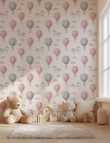 Uçan Balon ve Unicorn Desenli Duvar Kağıdı Pastel