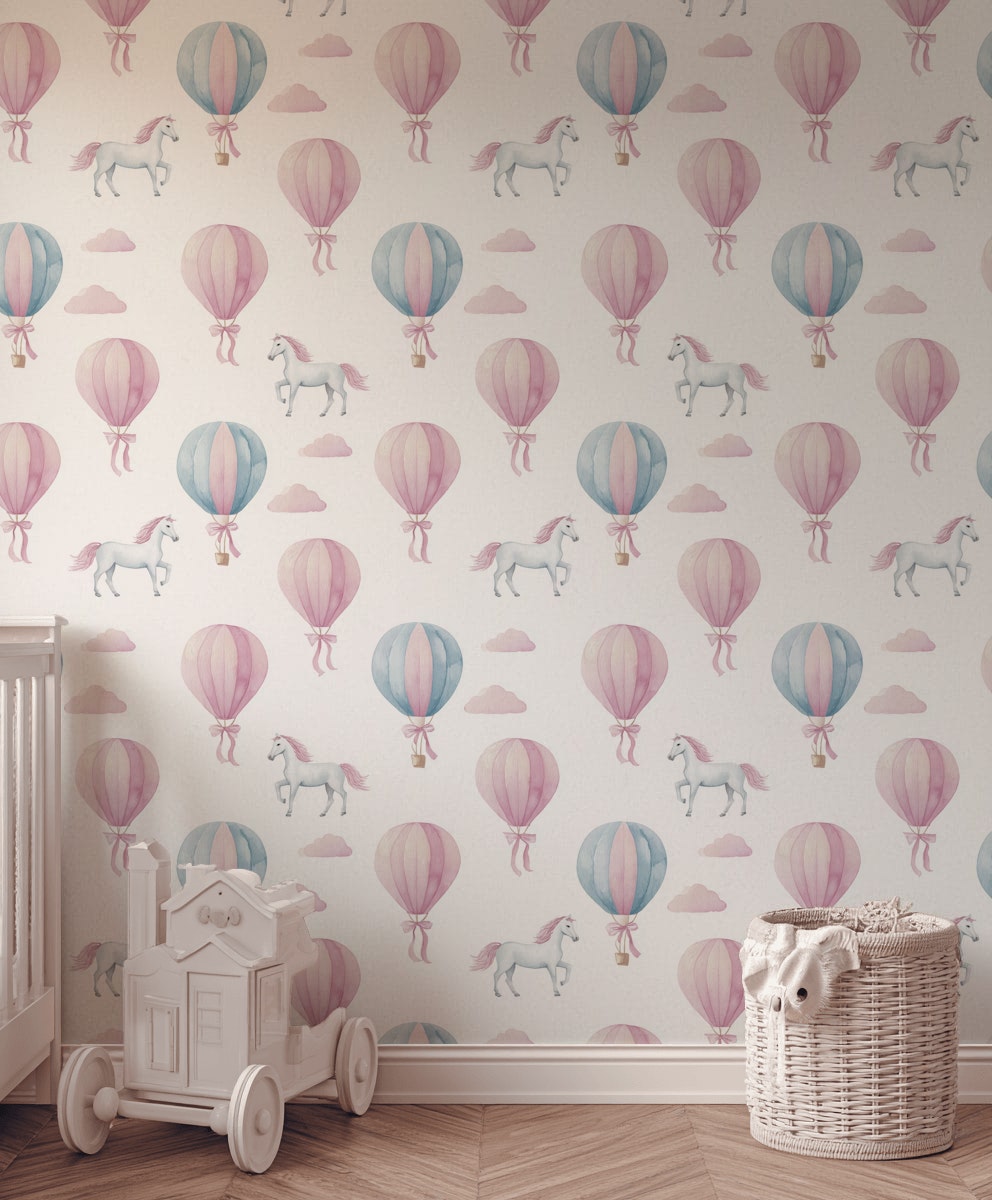 Uçan Balon ve Unicorn Desenli Duvar Kağıdı Pastel