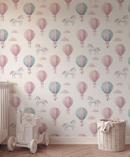 Uçan Balon ve Unicorn Desenli Duvar Kağıdı Pastel