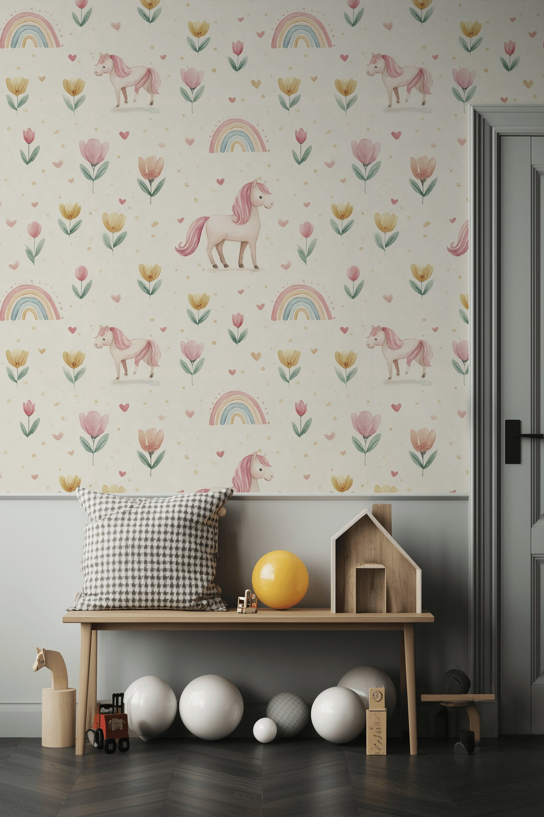 Gökkuşağı Unicorn Desenli Duvar Kağıdı Pastel Çocuk Odası