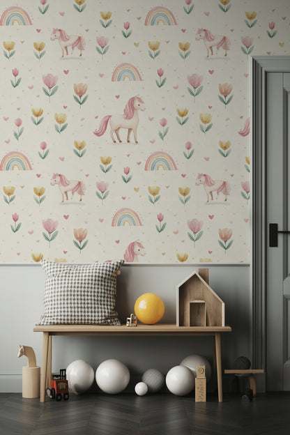 Gökkuşağı Unicorn Desenli Duvar Kağıdı Pastel Çocuk Odası