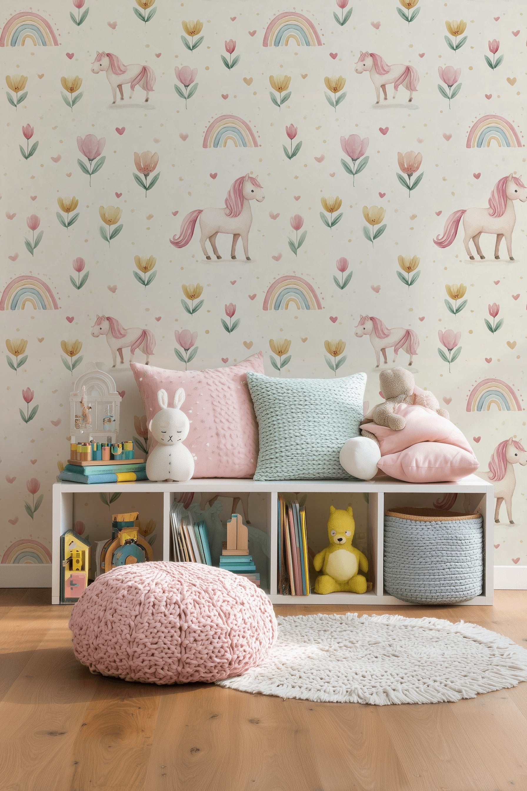 Gökkuşağı Unicorn Desenli Duvar Kağıdı Pastel Çocuk Odası