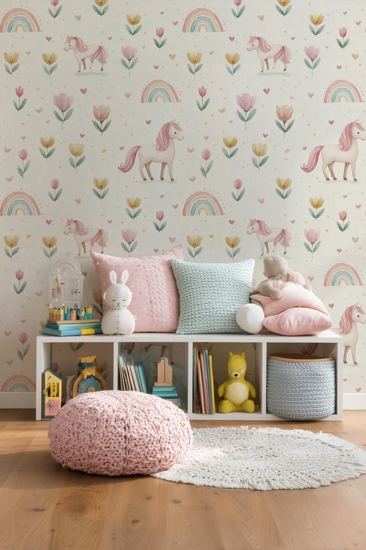 Gökkuşağı Unicorn Desenli Duvar Kağıdı Pastel Çocuk Odası