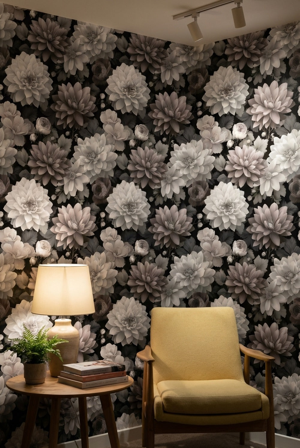 Siyah Zeminli Büyük Çiçek Desenli Duvar Kağıdı Salon