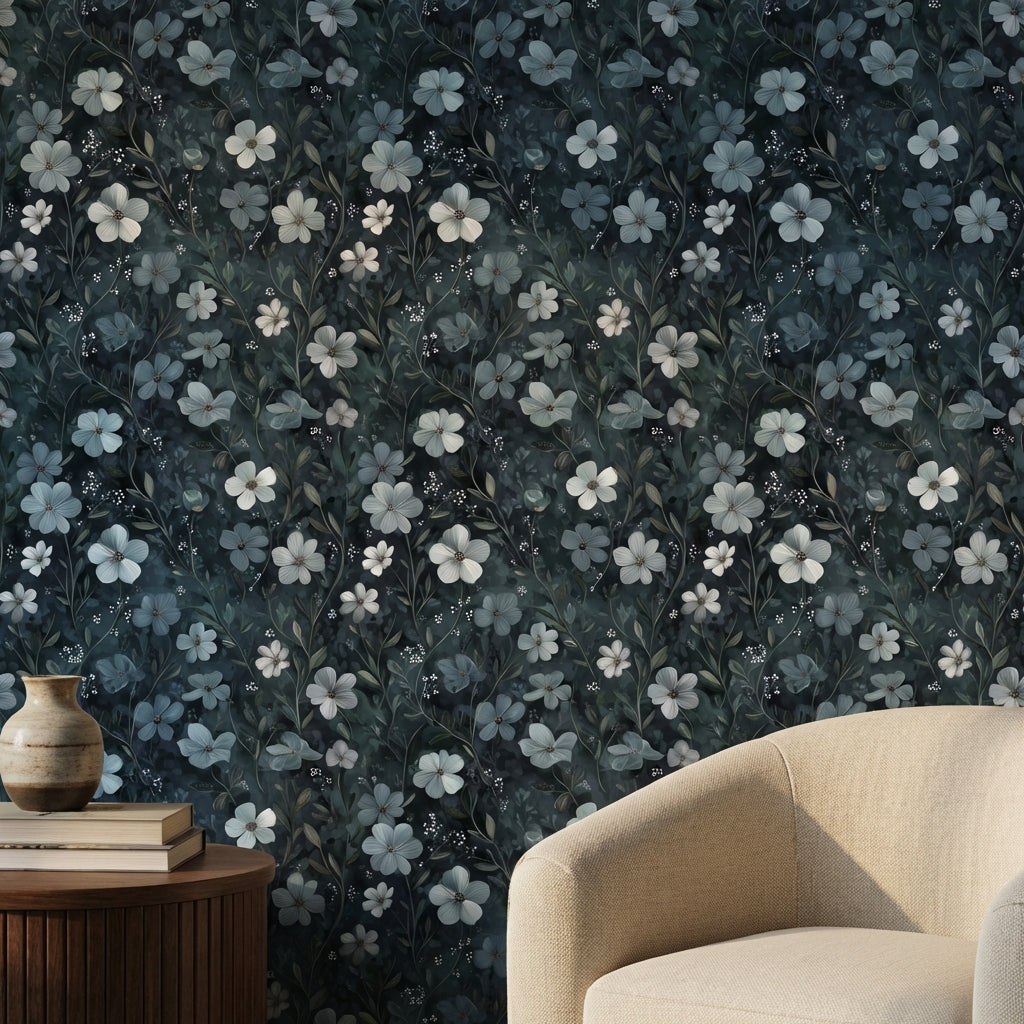 Koyu Mavi Çiçek Desenli Duvar Kağıdı Modern Salon