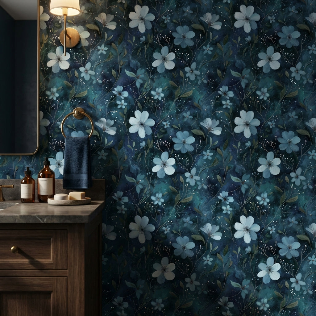 Lacivert Çiçek Desenli Duvar Kağıdı Modern Banyo Dekoru