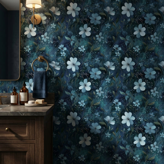 Lacivert Çiçek Desenli Duvar Kağıdı Modern Banyo Dekoru
