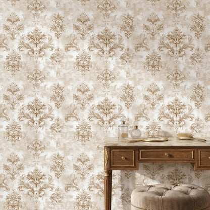 Klasik Damask Desenli Duvar Kağıdı Bej Krem Salon