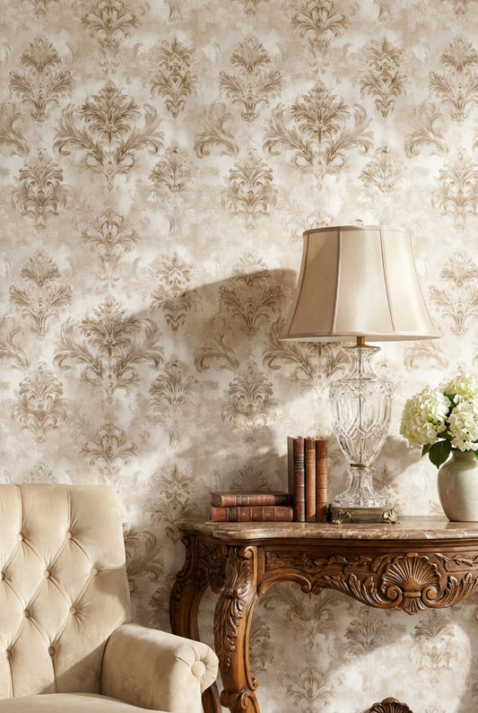 Klasik Damask Desenli Duvar Kağıdı Bej Krem Salon