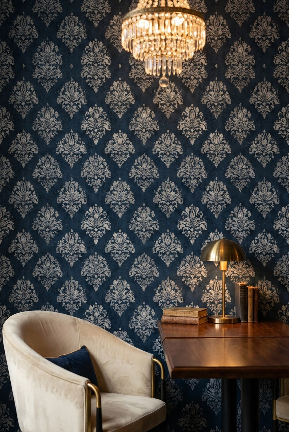 Lacivert Damask Desenli Duvar Kağıdı Klasik Salon Dekoru