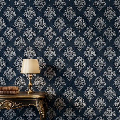 Lacivert Damask Desenli Duvar Kağıdı Klasik Salon Dekoru