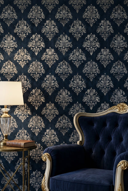Lacivert Damask Desenli Duvar Kağıdı Klasik Salon Dekoru