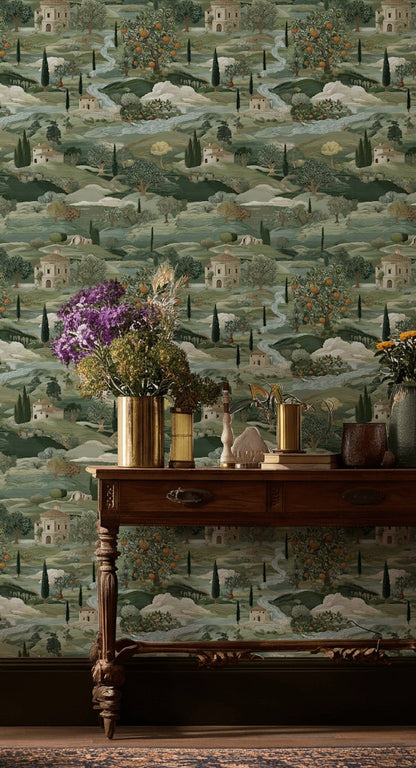 Kırsal Manzara Duvar Kağıdı Yeşil Pastoral Salon Desenli
