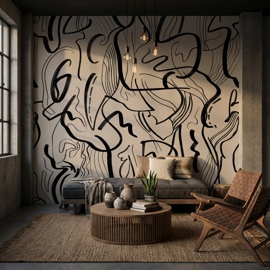 Soyut Çizgi Sanat Poster Duvar Kağıdı Siyah Beyaz Salon