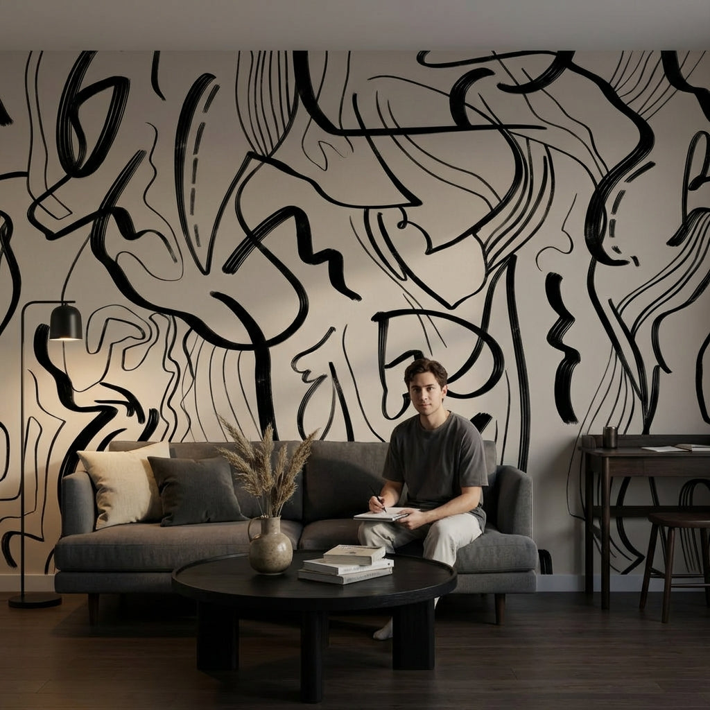 Soyut Çizgi Sanat Poster Duvar Kağıdı Siyah Beyaz Salon