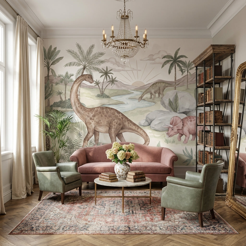 Dinozor Manzaralı Poster Duvar Kağıdı Pastel Çocuk Odası Duvarı