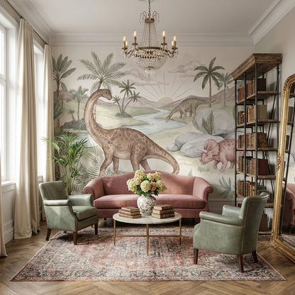 Dinozor Manzaralı Poster Duvar Kağıdı Pastel Çocuk Odası Duvarı