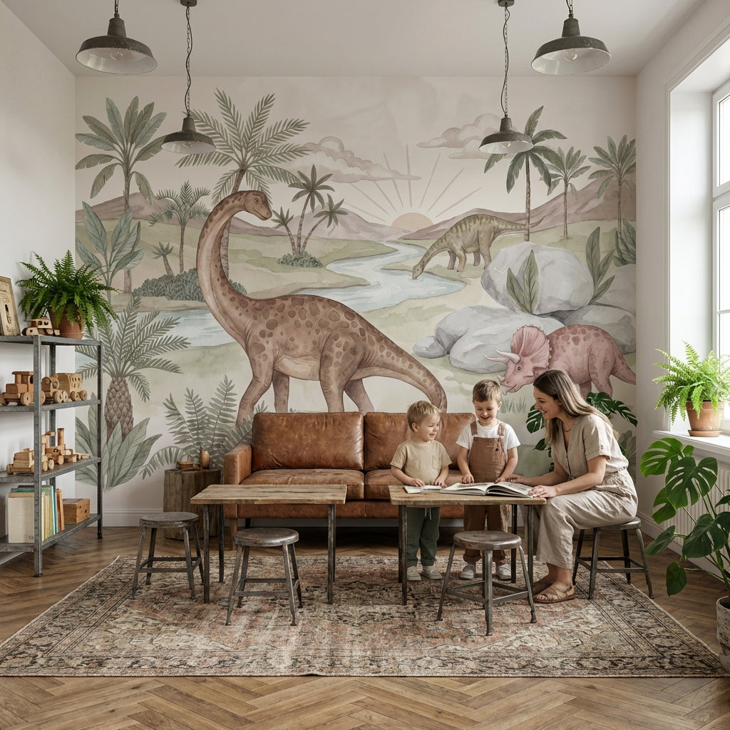Dinozor Manzaralı Poster Duvar Kağıdı Pastel Çocuk Odası Duvarı