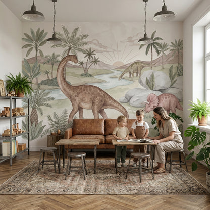 Dinozor Manzaralı Poster Duvar Kağıdı Pastel Çocuk Odası Duvarı