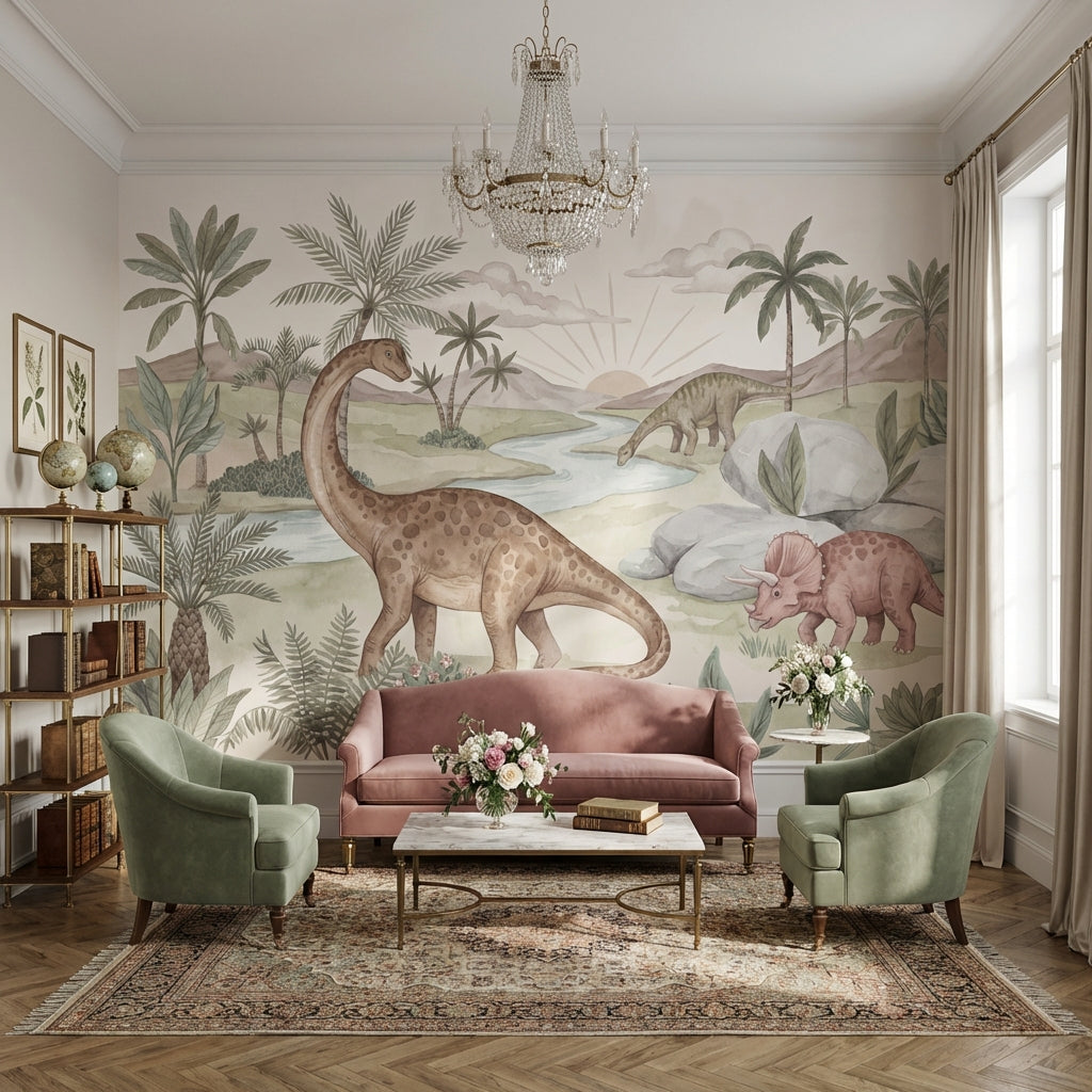 Dinozor Manzaralı Poster Duvar Kağıdı Pastel Çocuk Odası Duvarı