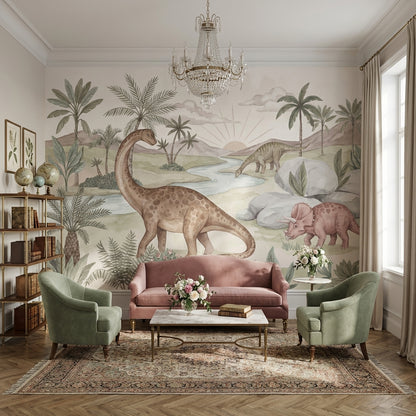 Dinozor Manzaralı Poster Duvar Kağıdı Pastel Çocuk Odası Duvarı