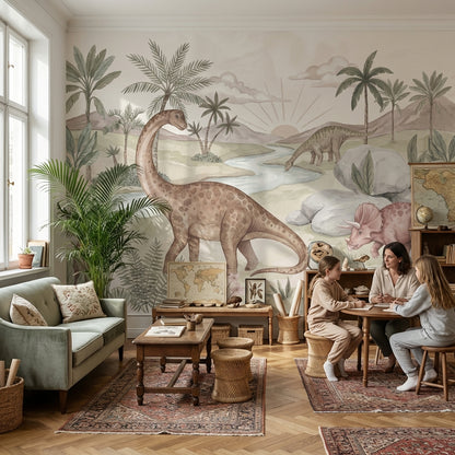 Dinozor Manzaralı Poster Duvar Kağıdı Pastel Çocuk Odası Duvarı